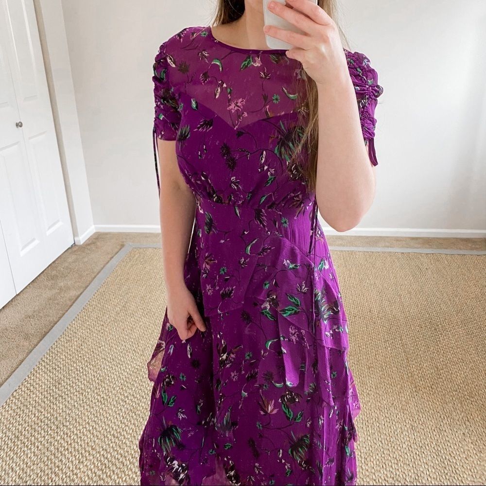 Tanya Taylor Vines Print Tiered Cosette Silk Dress